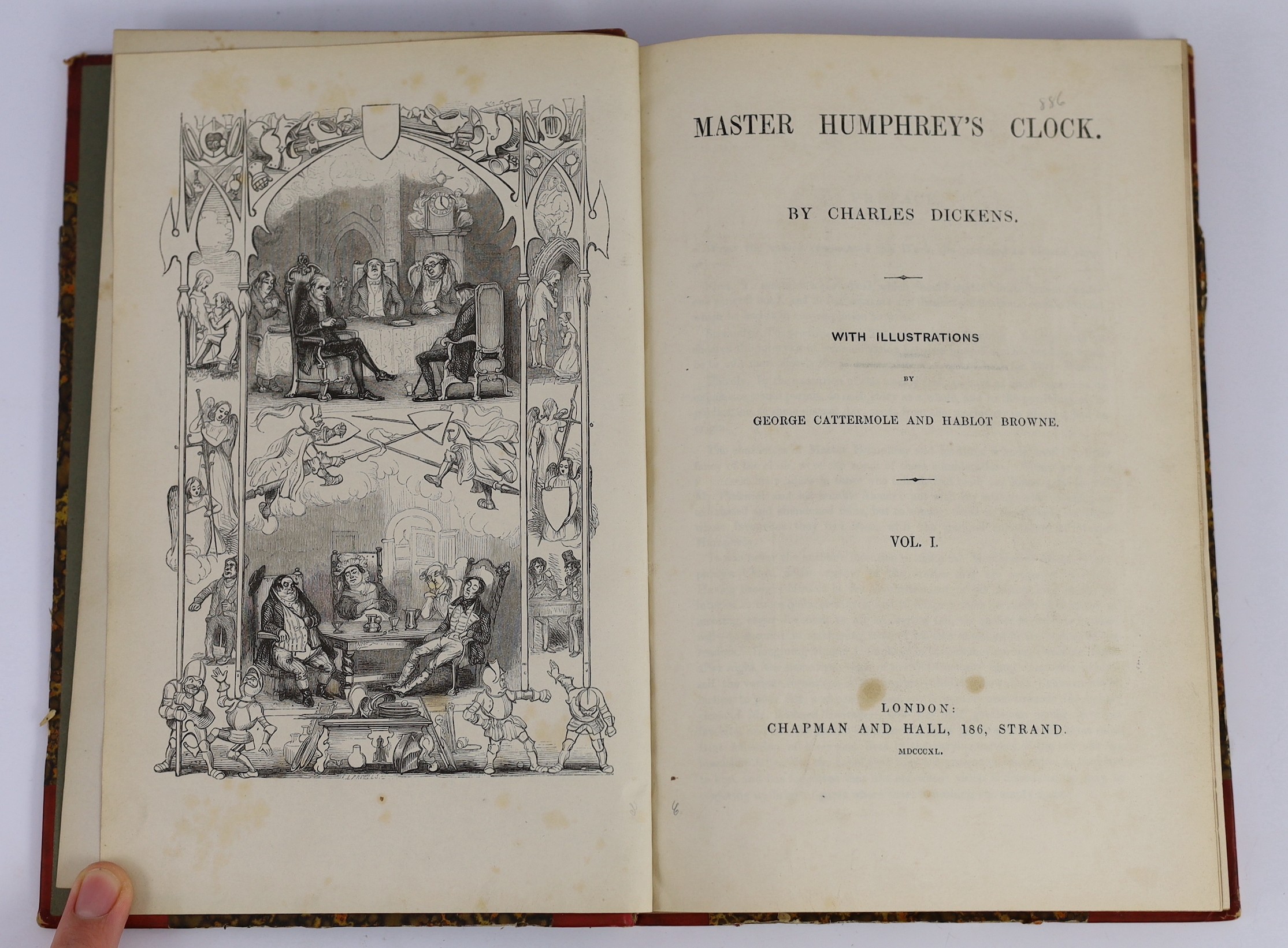 Dickens, Charles - Master Humphrey’s Clock, 1st edition in book form, 3 vols, quarter red calf with marbled boards, illustrated by George Cattermole and Halbot K. Browne (‘’Phiz’’), Chapman and Hall, London, 1840-41